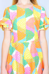 70's Vintage - Floral Frill-Sleeved Mini Dress - Yellow, Bubblegum & Sky Blue - Size XXS