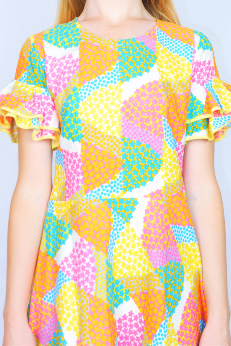 70's Vintage - Floral Frill-Sleeved Mini Dress - Yellow, Bubblegum & Sky Blue - Size XXS