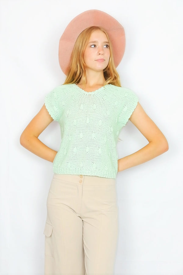 Vintage Knitted Vest - Seafoam Green Crochet - Size M