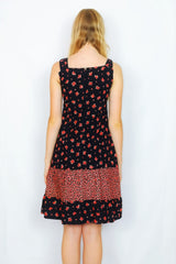 70's Vintage - Strappy Summer Mini Dress - Black & Berry Blossom Floral - Size XXS