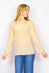 70's Vintage Blouse - Ivory with Floral Lace - Size M/L