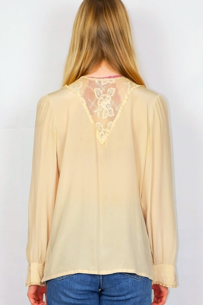70's Vintage Blouse - Ivory with Floral Lace - Size M/L