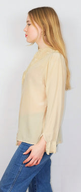 70's Vintage Blouse - Ivory with Floral Lace - Size M/L