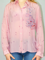 70's Vintage Blouse - Powder Pink Floral Scene - Size M/L
