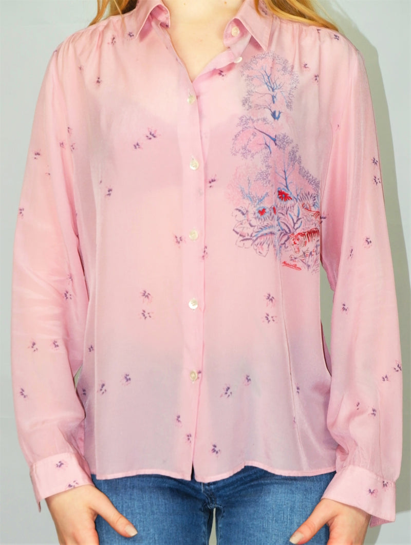 70's Vintage Blouse - Powder Pink Floral Scene - Size M/L