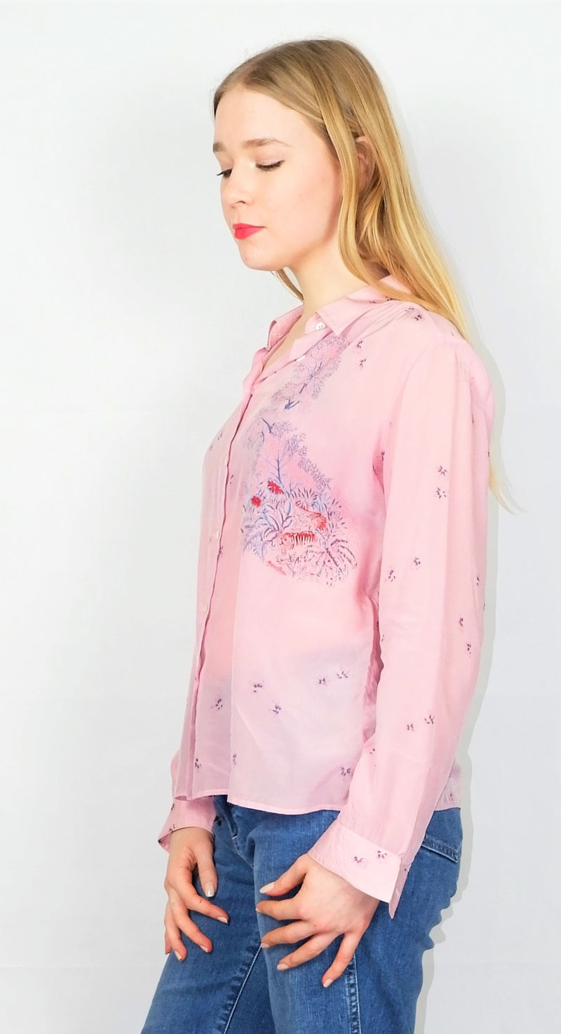 70's Vintage Blouse - Powder Pink Floral Scene - Size M/L