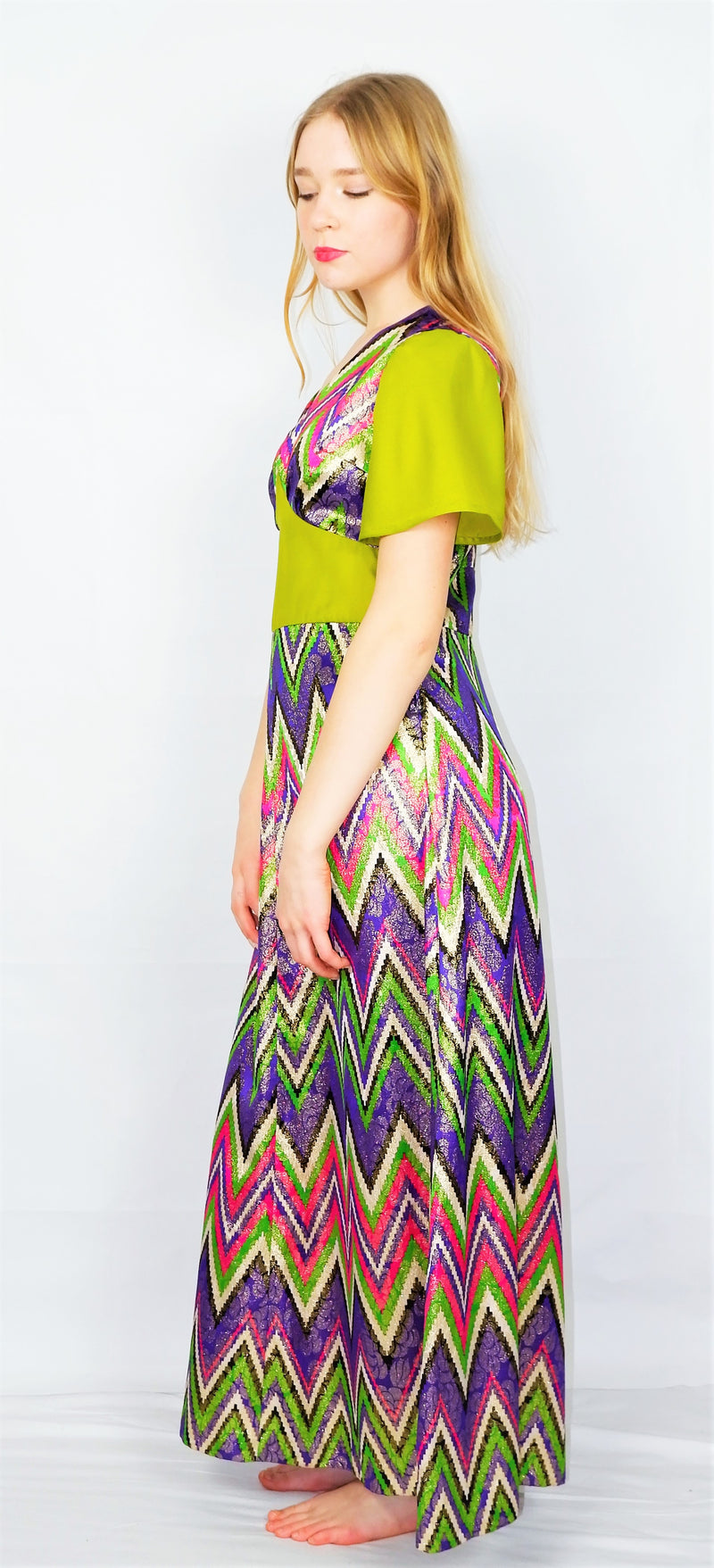 70's Vintage Party Dress - Chartreuse, Pink & Purple Sparkle - Size XS
