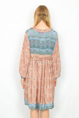 Joplin Frill Dress - Vintage Indian Sari - Peach, Teal & Sky Blue Celtic Motif - M/L