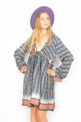 Joplin Frill Dress - Vintage Indian Sari - Midnight & Water Chestnut Chevron - S/M