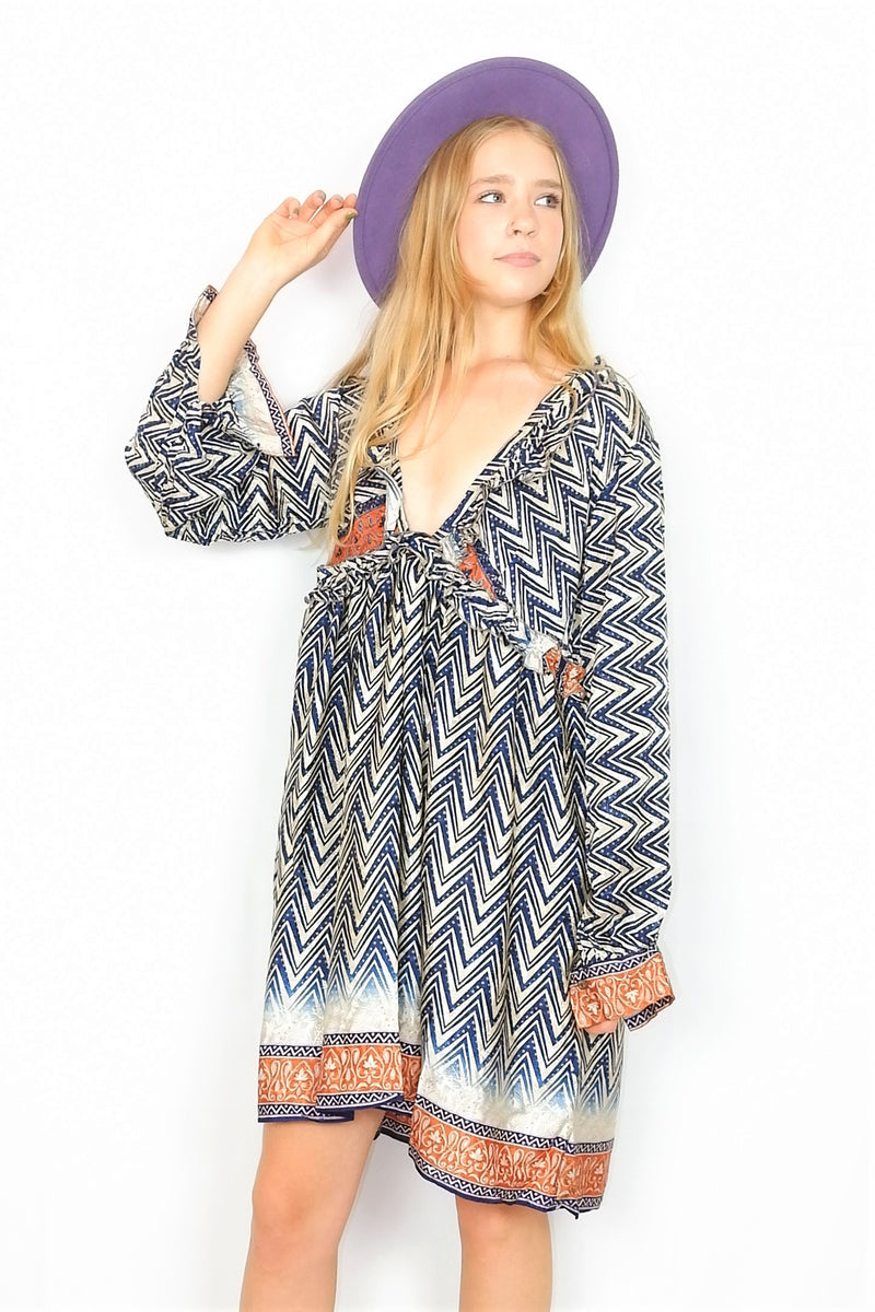 Joplin Frill Dress - Vintage Indian Sari - Midnight & Water Chestnut Chevron - S/M