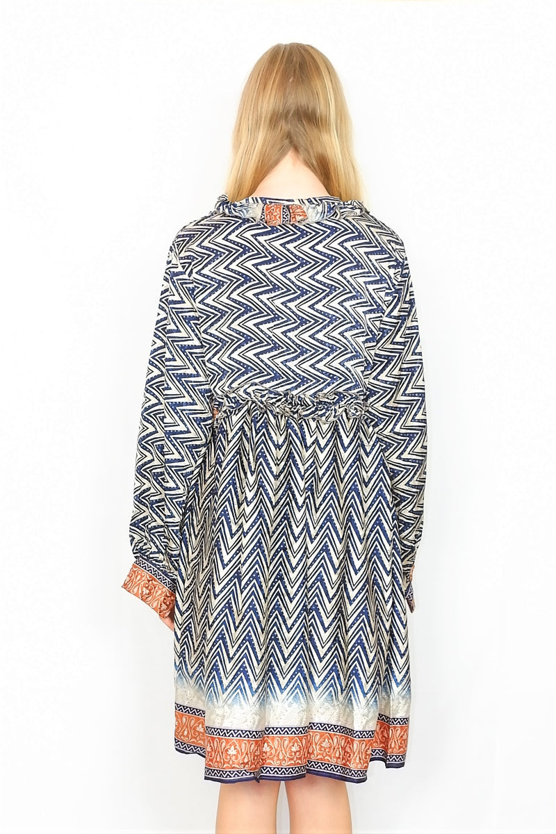 Joplin Frill Dress - Vintage Indian Sari - Midnight & Water Chestnut Chevron - S/M