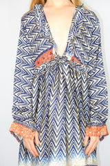 Joplin Frill Dress - Vintage Indian Sari - Midnight & Water Chestnut Chevron - S/M