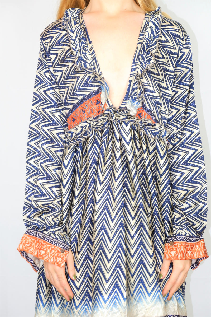 Joplin Frill Dress - Vintage Indian Sari - Midnight & Water Chestnut Chevron - S/M
