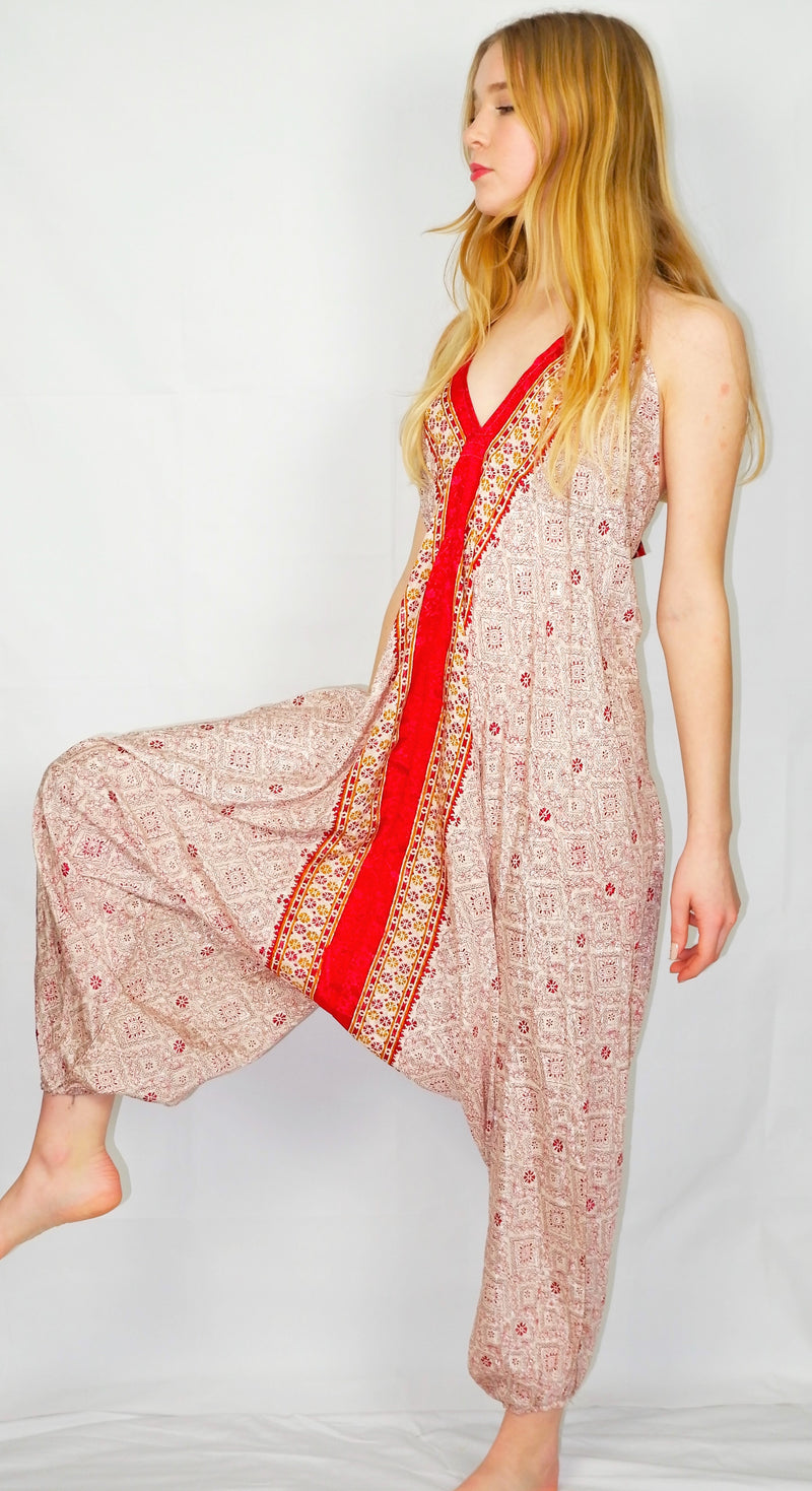 Medusa Jumpsuit - Harem Pant Halter Jumpsuit - Shimmering Cream & Wine Sari - S/M