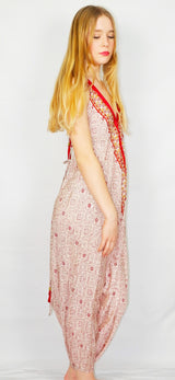 Medusa Jumpsuit - Harem Pant Halter Jumpsuit - Shimmering Cream & Wine Sari - S/M