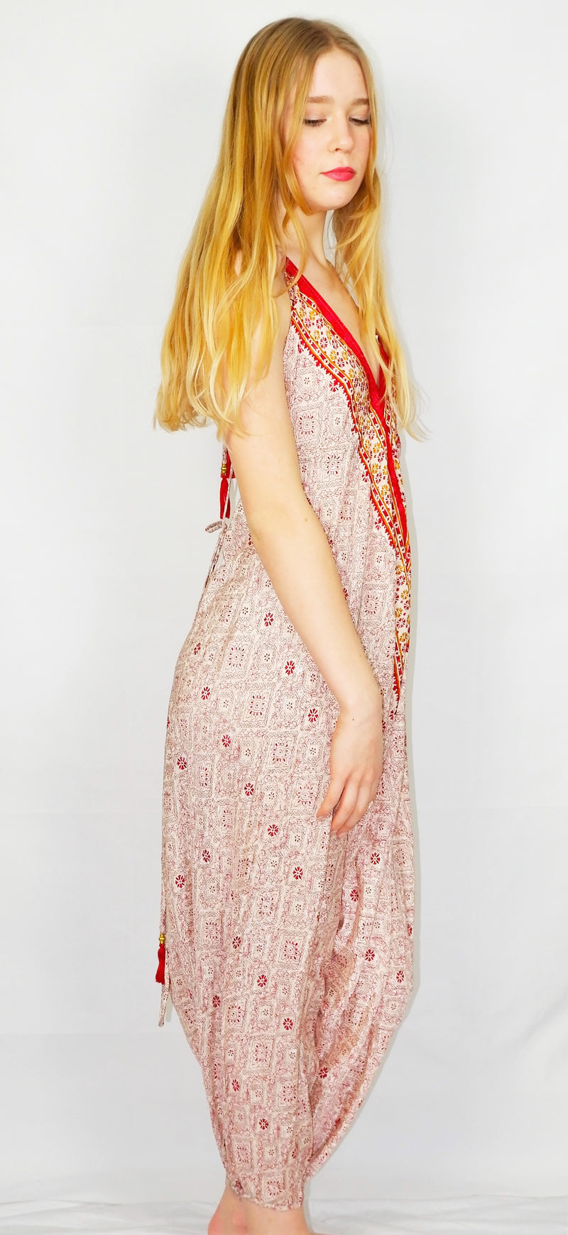 Medusa Jumpsuit - Harem Pant Halter Jumpsuit - Shimmering Cream & Wine Sari - S/M
