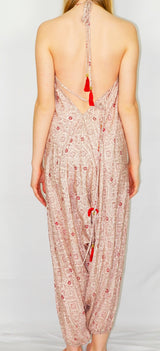 Medusa Jumpsuit - Harem Pant Halter Jumpsuit - Shimmering Cream & Wine Sari - S/M