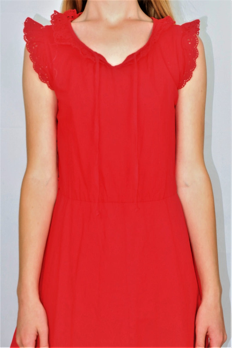 Vintage Midi Dress - Poppy Red Sleeveless Broderie Anglaise - Size XS By All About Audrey