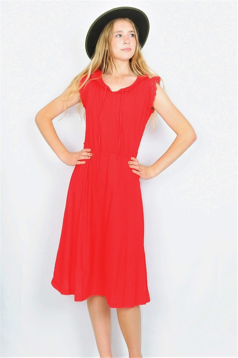 Vintage Midi Dress - Poppy Red Sleeveless Broderie Anglaise - Size XS By All About Audrey