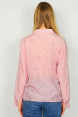70's Vintage Blouse - Powder Pink Floral Scene - Size M/L