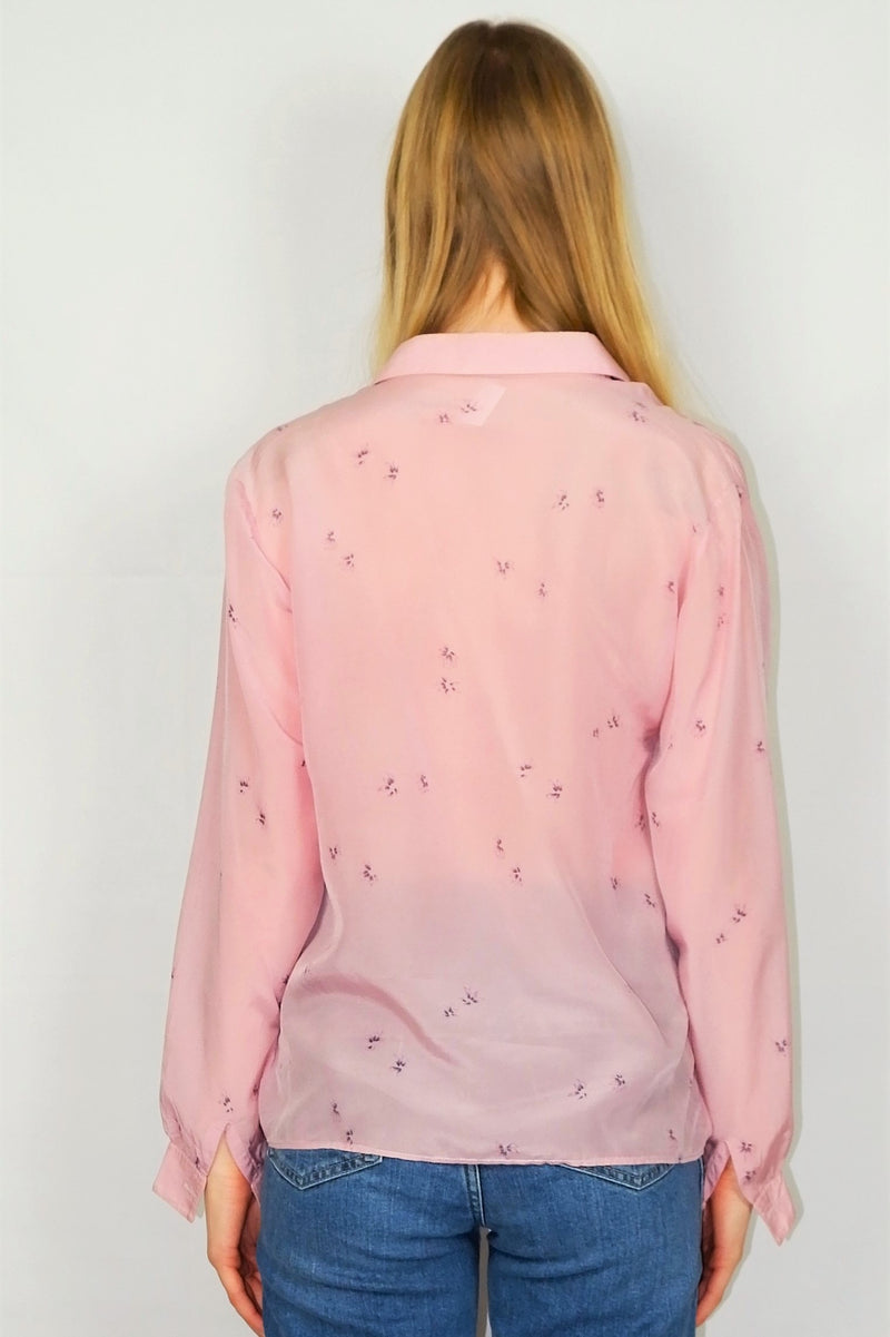 70's Vintage Blouse - Powder Pink Floral Scene - Size M/L