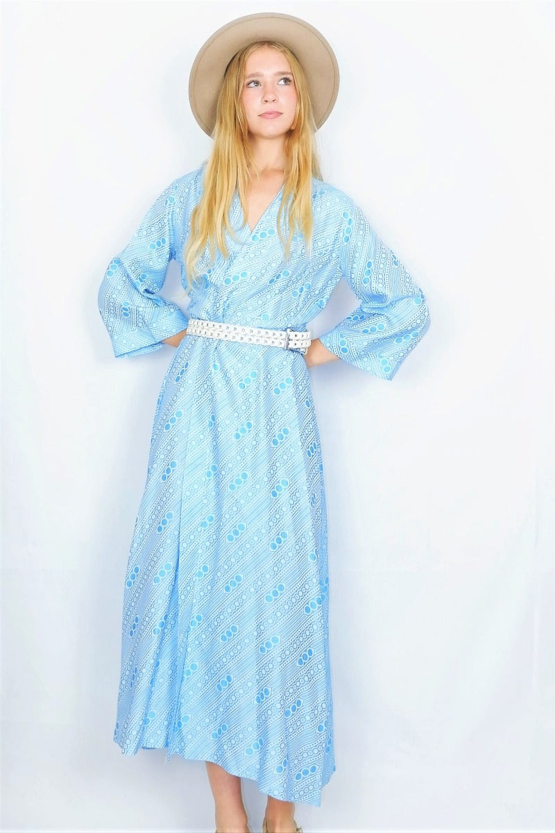 Vintage Maxi Housecoat - Button Blue & Salt White - Size S By All About Audrey