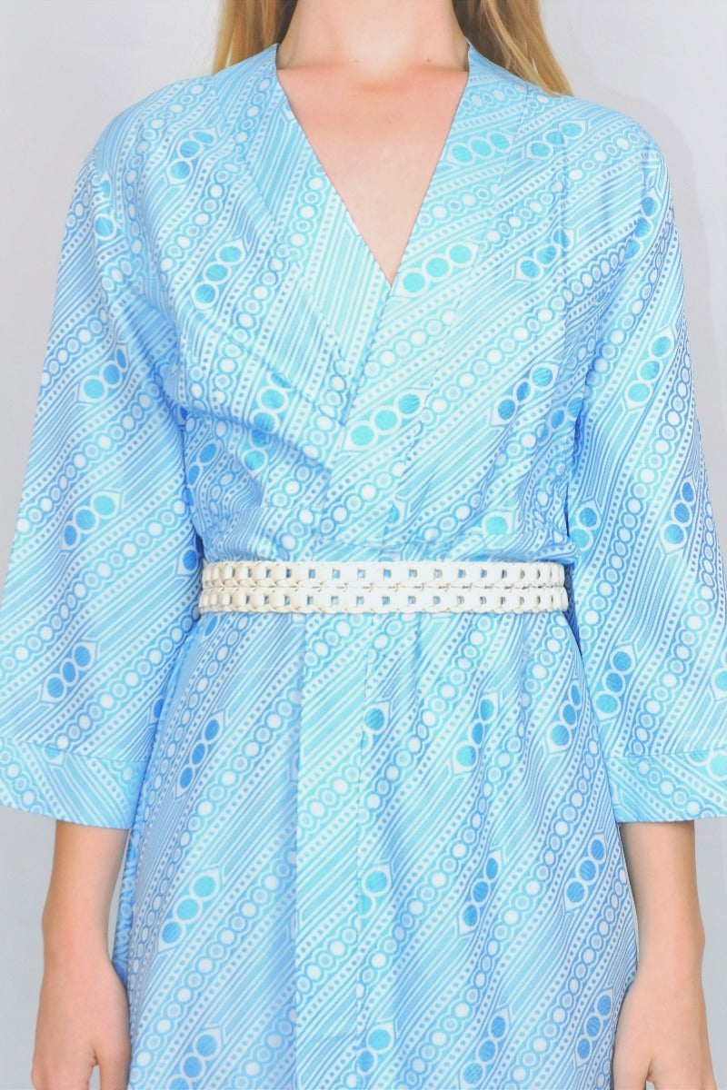 Vintage Maxi Housecoat - Button Blue & Salt White - Size S By All About Audrey