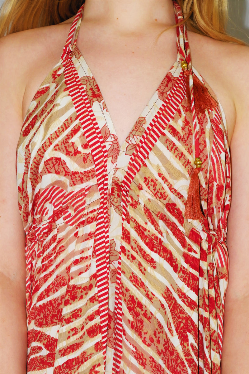 Medusa Halter Dress - Vintage Indian Sari - Sweet Red, Hazel Wood & Cream Abstract Floral - M/L