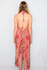 Medusa Halter Dress - Vintage Indian Sari - Sweet Red, Hazel Wood & Cream Abstract Floral - M/L