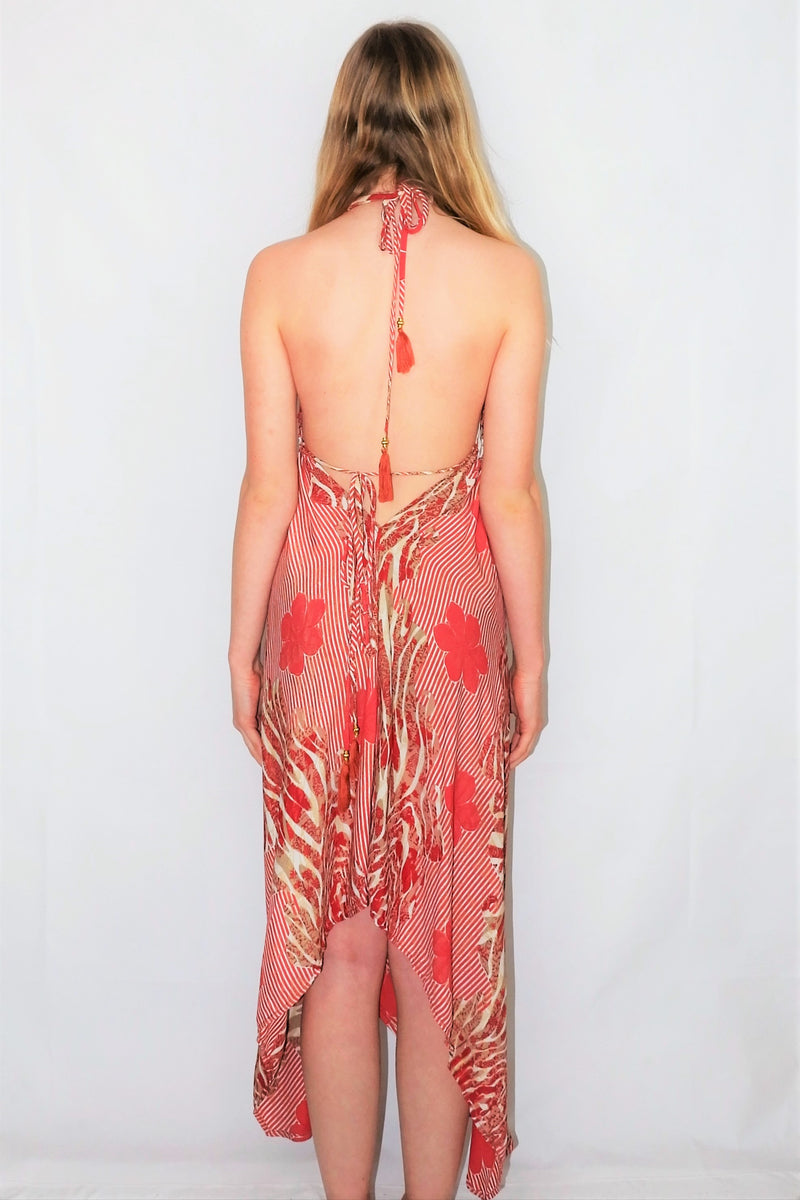 Medusa Halter Dress - Vintage Indian Sari - Sweet Red, Hazel Wood & Cream Abstract Floral - M/L