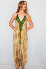 Medusa Jumpsuit - Harem Pant Halter Jumpsuit - Sandcastle & Green Floral - M/L