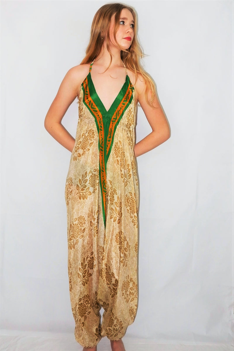 Medusa Jumpsuit - Harem Pant Halter Jumpsuit - Sandcastle & Green Floral - M/L
