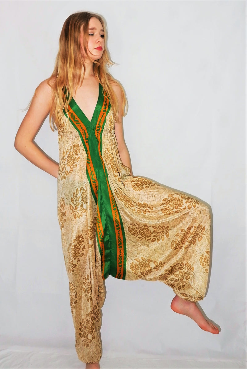 Medusa Jumpsuit - Harem Pant Halter Jumpsuit - Sandcastle & Green Floral - M/L