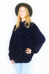 Vintage 70s Oversized Corduroy Shirt - Darkest Blue - Free Size