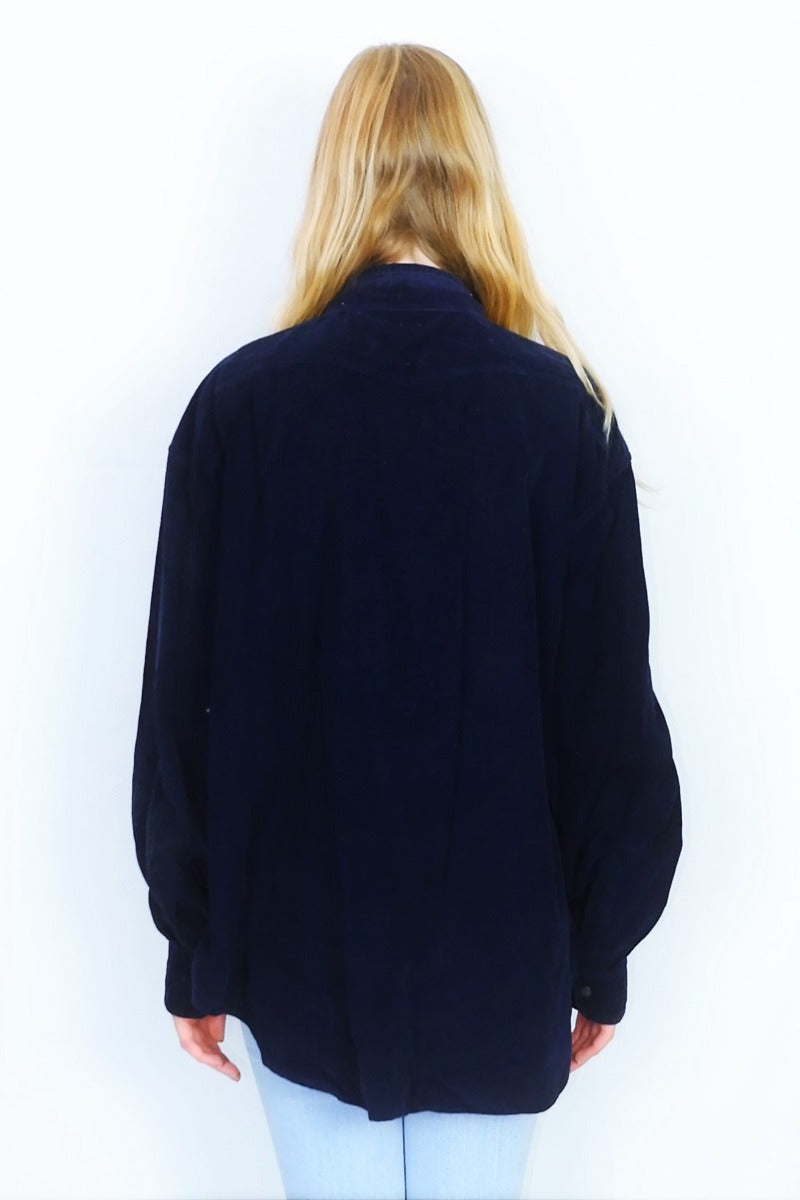 Vintage 70s Oversized Corduroy Shirt - Darkest Blue - Free Size