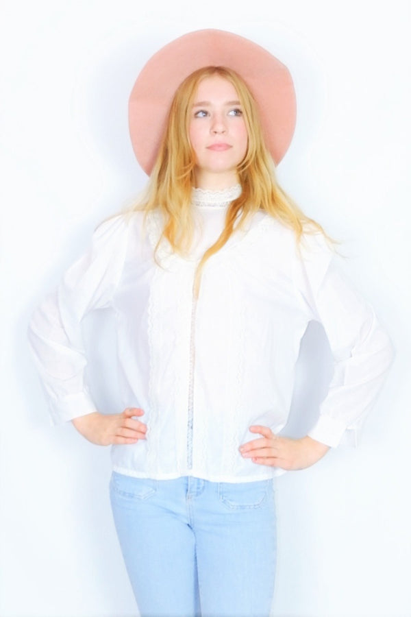 Vintage 70s Blouse - Powder White with a Lacy High Neck - Size M/L