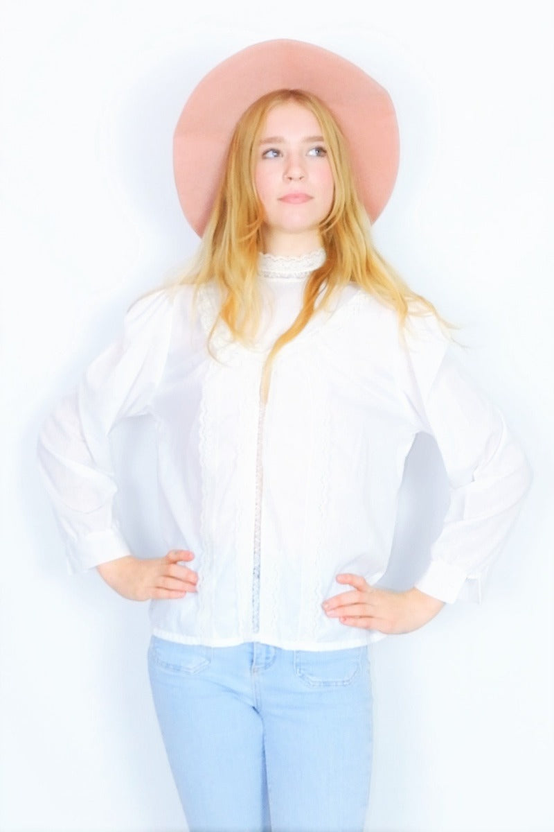 Vintage 70s Blouse - Powder White with a Lacy High Neck - Size M/L