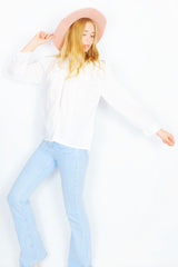 Vintage 70s Blouse - Powder White with a Lacy High Neck - Size M/L