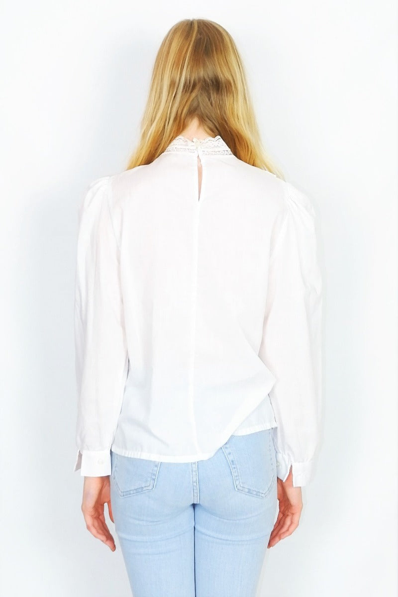 Vintage 70s Blouse - Powder White with a Lacy High Neck - Size M/L