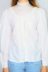 Vintage 70s Blouse - Powder White with a Lacy High Neck - Size M/L
