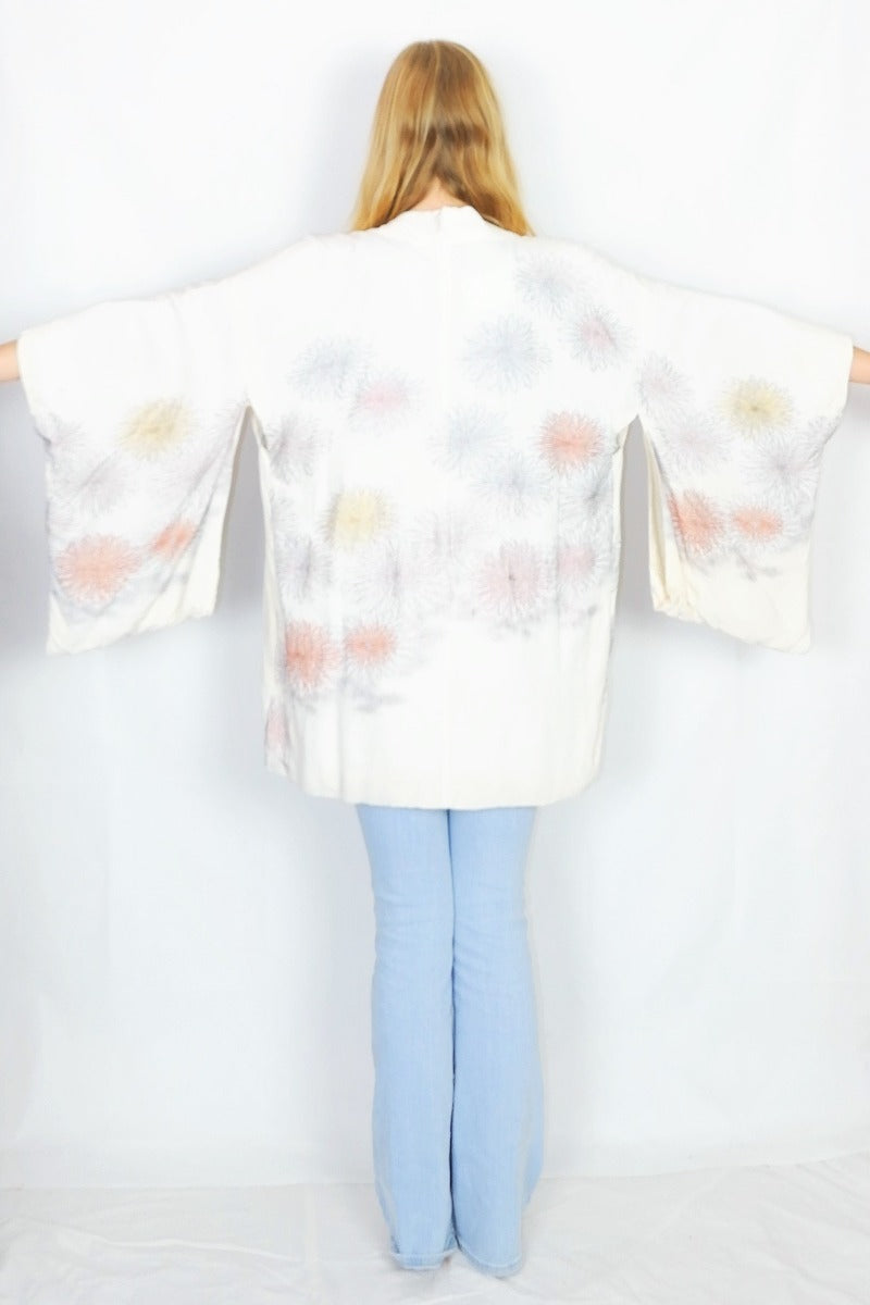 Vintage Kimono - Alabaster with Embroidered Firework Florals - Free Size