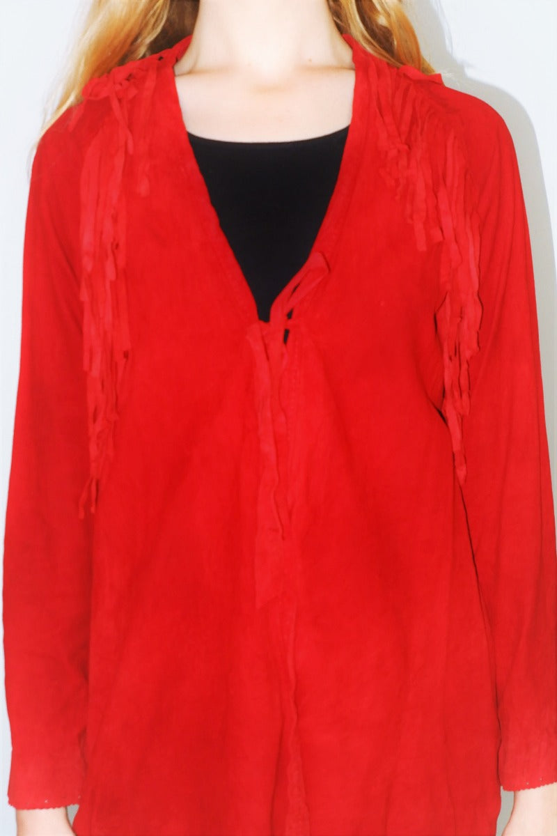 Vintage 70s Suede Tassel Jacket - Bright Ruby Red - Size L-L/XL