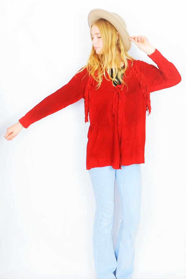 Vintage 70s Suede Tassel Jacket - Bright Ruby Red - Size L-L/XL