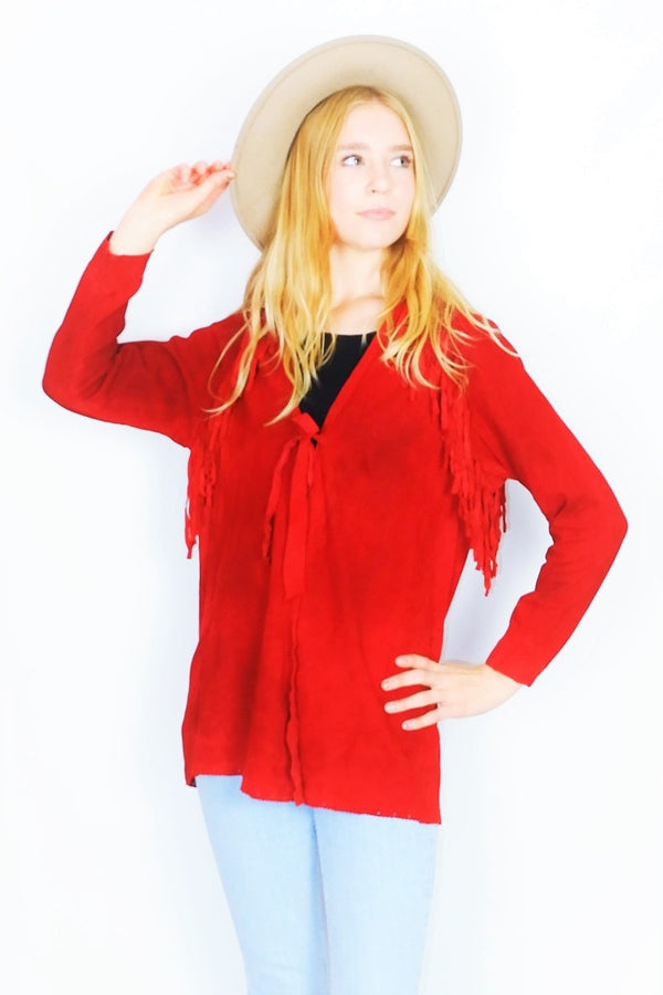 Vintage 70s Suede Tassel Jacket - Bright Ruby Red - Size L-L/XL