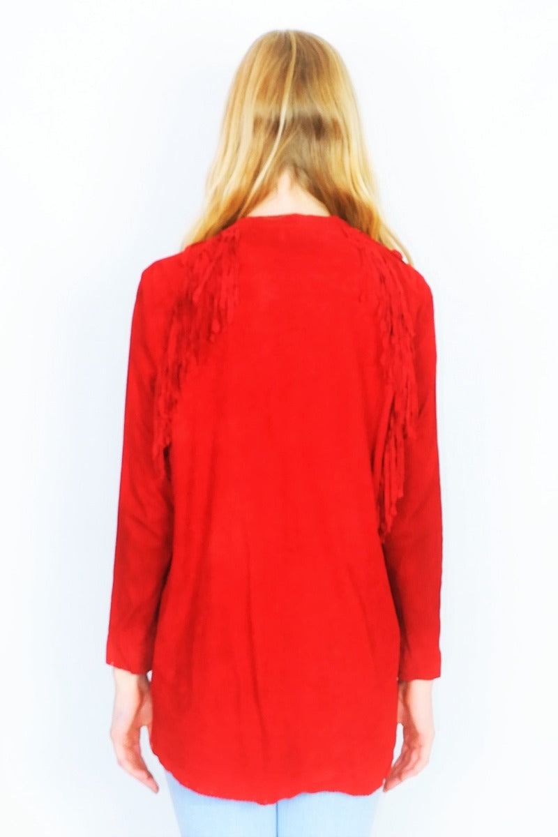 Vintage 70s Suede Tassel Jacket - Bright Ruby Red - Size L-L/XL
