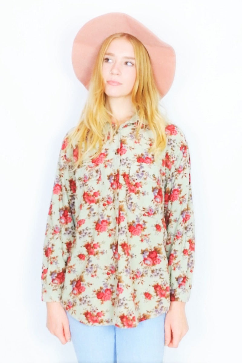 Vintage 70s Corduroy Shirt - Pistachio & Rose Floral Print - Size L/XL