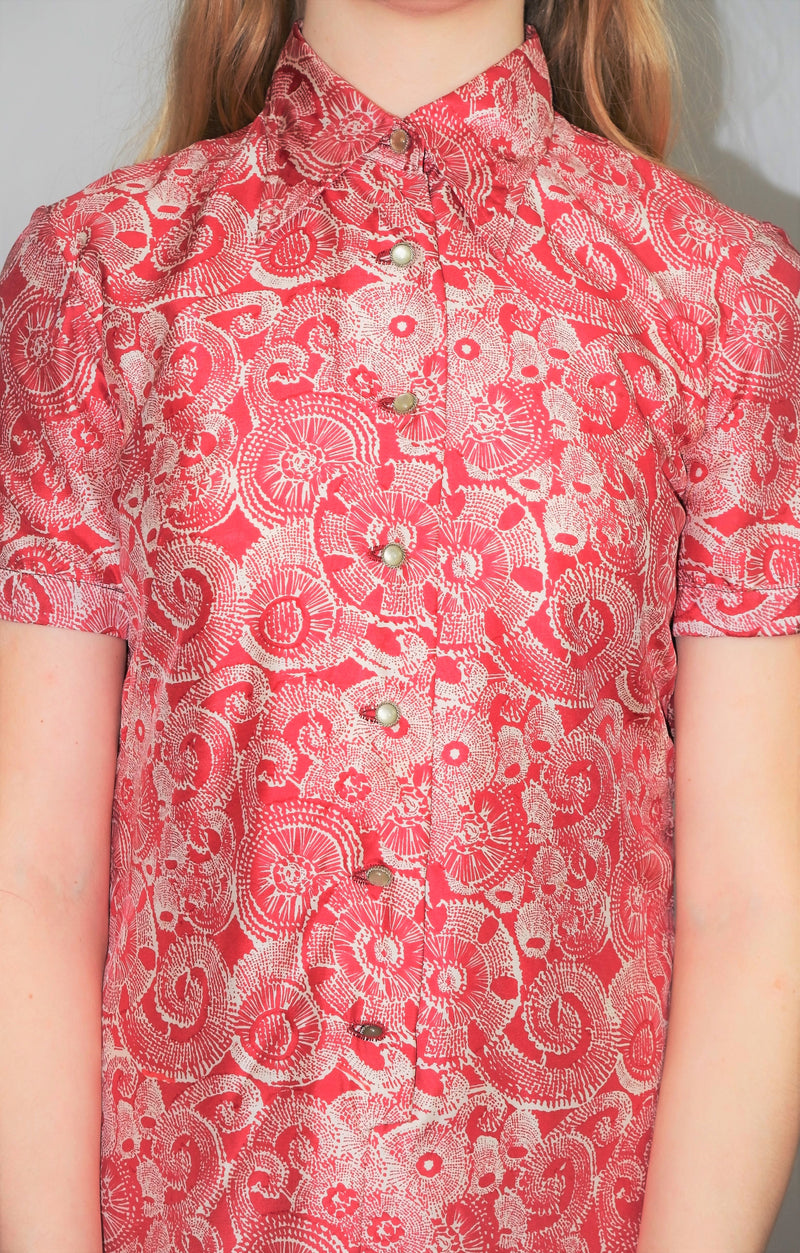 70's Vintage - White & Pink Punch Graphic Print Shirt Midi - Size XS