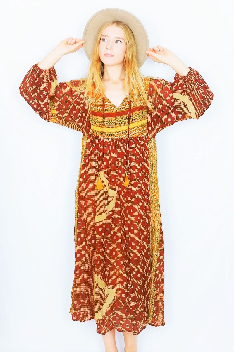 Daisy Midi Smock Dress - Vintage Indian Cotton - Gingerbread & Beige Tapestry - XS/S