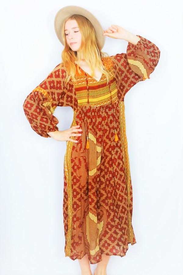 Daisy Midi Smock Dress - Vintage Indian Cotton - Gingerbread & Beige Tapestry - XS/S