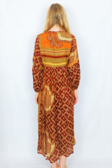 Daisy Midi Smock Dress - Vintage Indian Cotton - Gingerbread & Beige Tapestry - XS/S